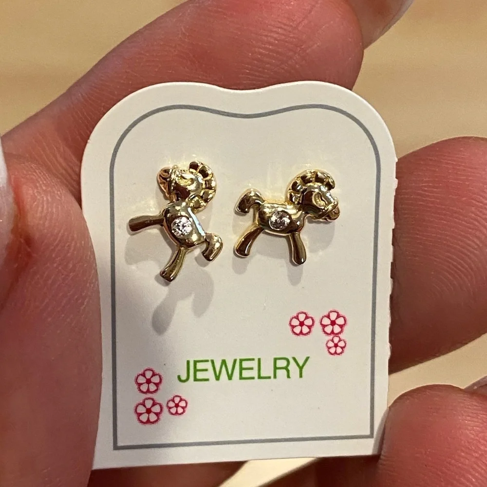 14k Gold Plated Horse CZ Baby Girls Stud Earrings